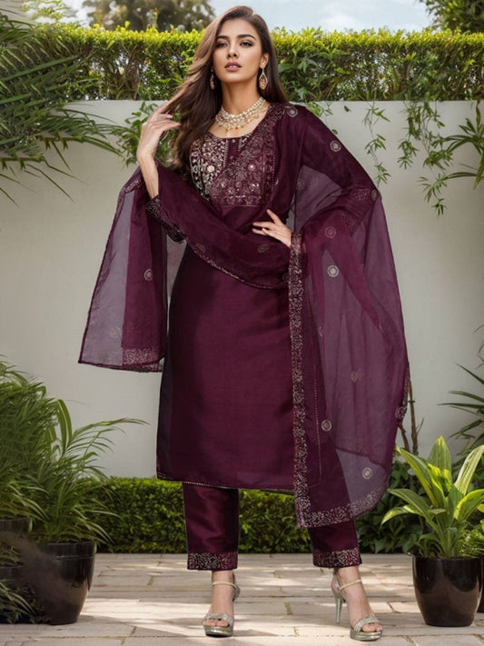 maroon silk tissue kurta set
